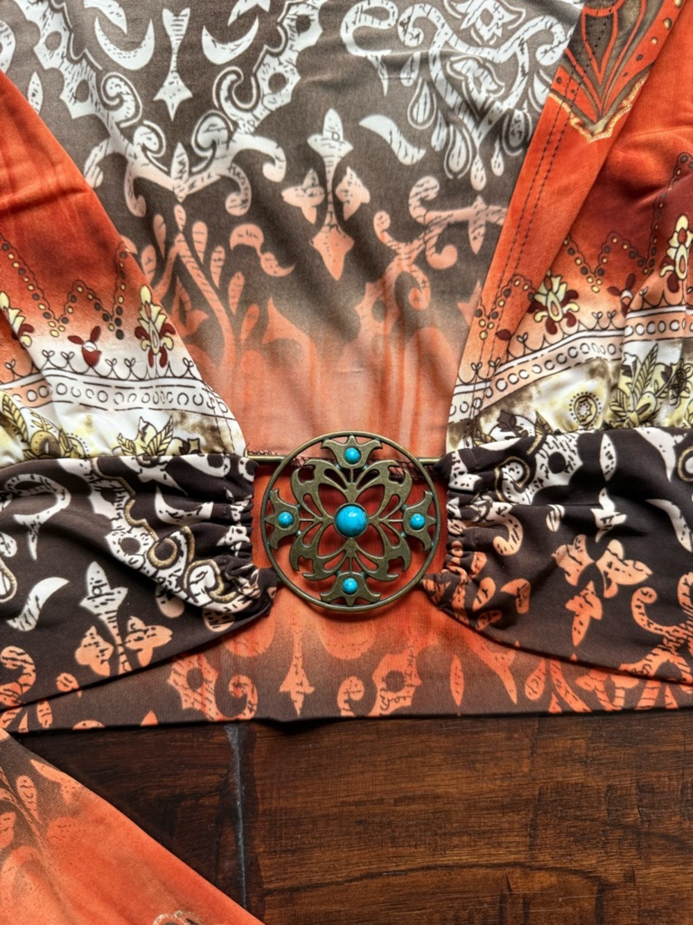 Vintage Y2K Made in USA Orange Paisley Stretch Crop Top with Decorative Buckle - Picture 3 of 8